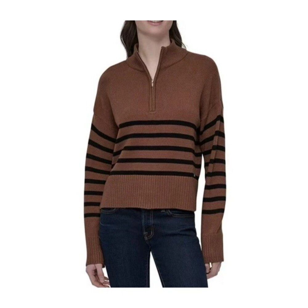 DKNY Women's XL Brown Striped Quarter Zip Pullover Sweater Cardigan NWT $79